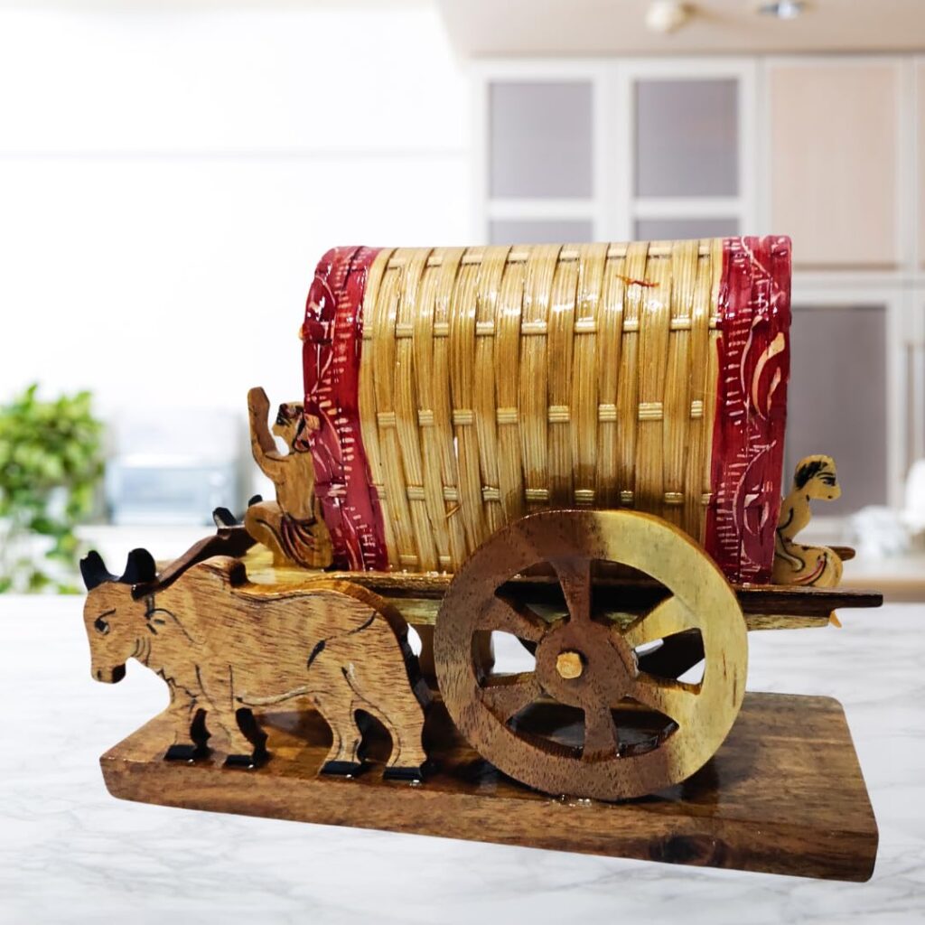 Handmade wooden bullock cart showpiece with rustic detailing