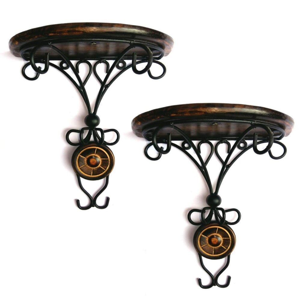 Wooden and iron antique floating corner wall shelf for home décor