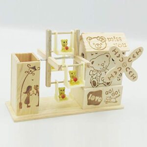 Wooden pen holder with multiple compartments and hanging teddy ornament