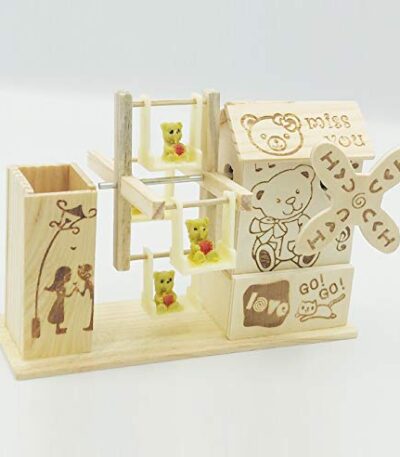 Wooden pen holder with multiple compartments and hanging teddy ornament
