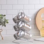 set of 6 stainless steel and glass spice jars with stand for kitchen storage