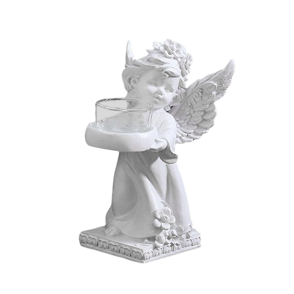 White angel statue candle holder with detailed wings and classic design