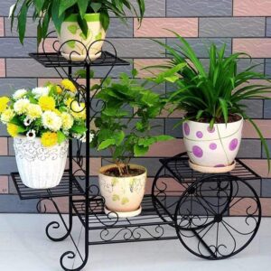 Vintage style plant stand trolley display with metal frame