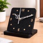 Desktop analog clock with stand in elegant black sparkle finish
