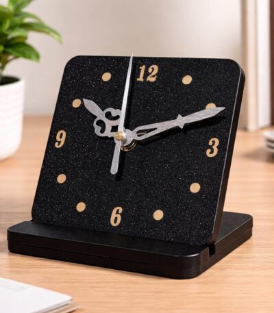 Desktop analog clock with stand in elegant black sparkle finish