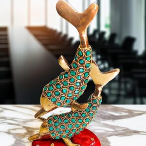 Elegant brass dolphin pair decorative statue with colorful stone detailing