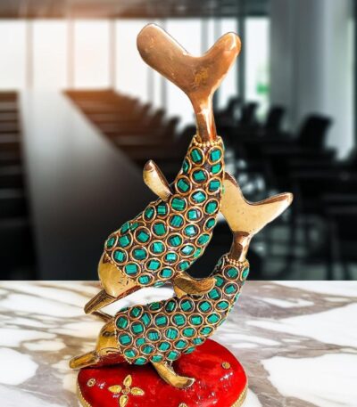 Elegant brass dolphin pair decorative statue with colorful stone detailing