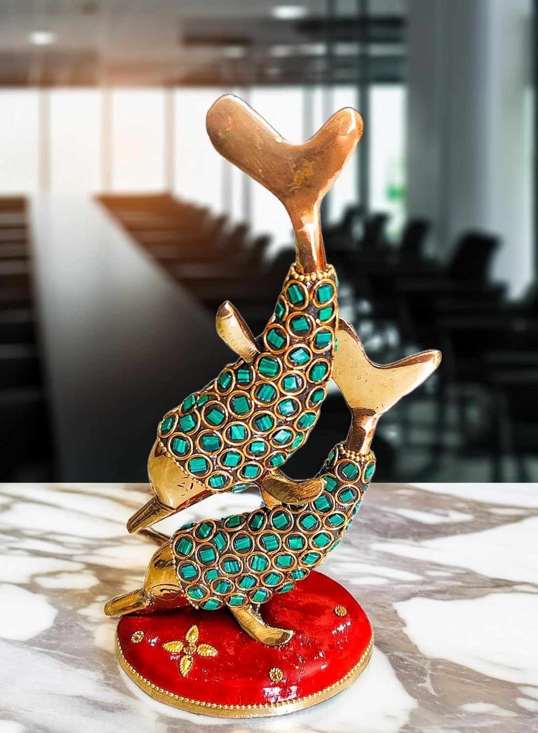 Brass Dolphin Fish Pair Statue with Stone-Work Décor Elegant brass dolphin pair decorative statue with colorful stone detailing