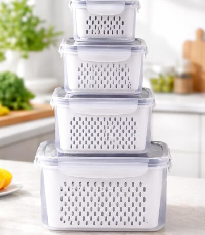 fridge storage container with drain basket for washing and storing vegetables
