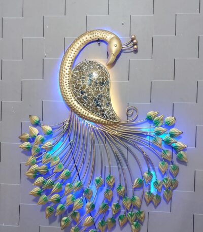 Decorative metal peacock wall hanging with LED lights for modern home interiors