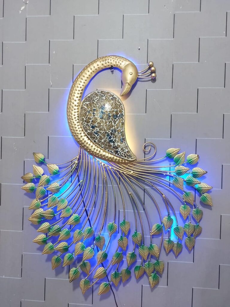 Decorative metal peacock wall hanging with LED lights for modern home interiors