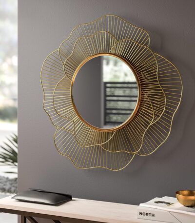 Metal golden rose wall mounted decorative mirror with elegant floral sculpture