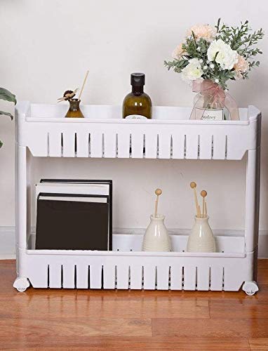 Two layer plastic storage organizer rack with wheels for home use