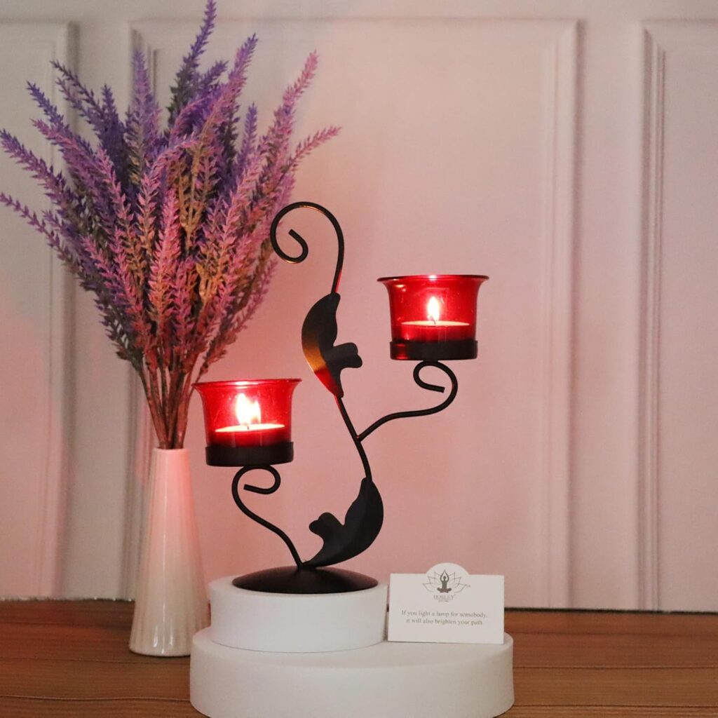 Red glass tealight candle holder in premium metal frame for festive décor