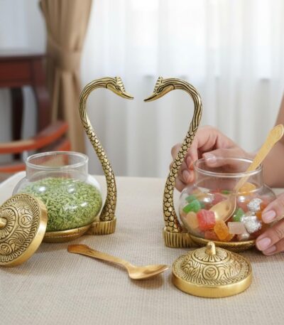 Ornamental metal duck transparent glass bowl with spoon