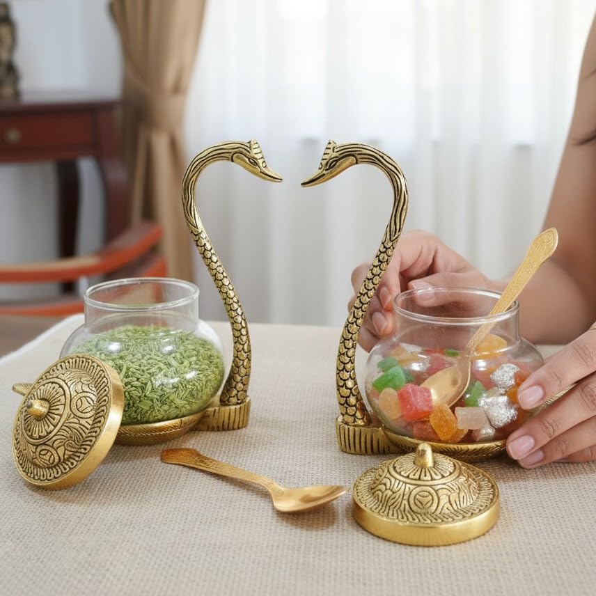 Metal Duck Transparent Glass Bowl With Spoon for Home Decor Ornamental metal duck transparent glass bowl with spoon