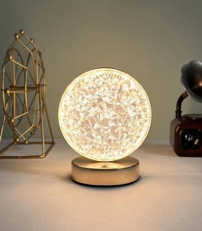Elegant round crystal LED table lamp featuring 3D moon light effect