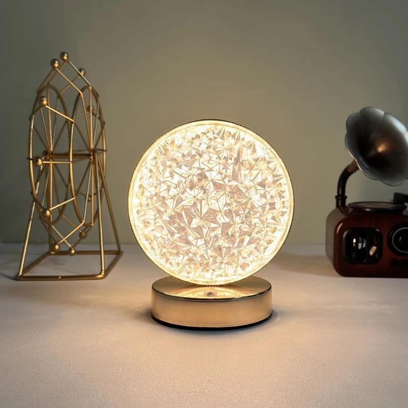 Elegant round crystal LED table lamp featuring 3D moon light effect