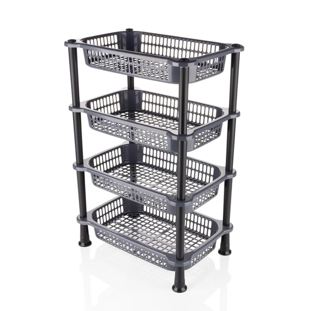 4 tier plastic storage rack for organizing kitchen essentials