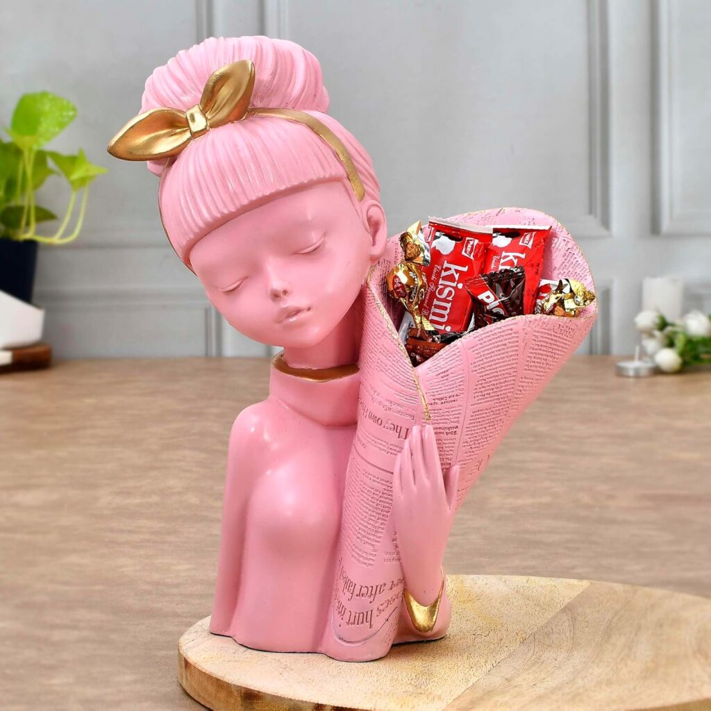 artistic pink lady face statue with flower basket decor item