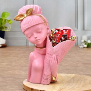 artistic pink lady face statue with flower basket decor item