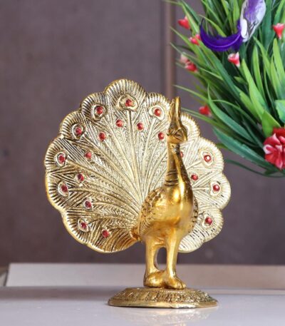 Elegant gold peacock metal showpiece for table and shelf decoration