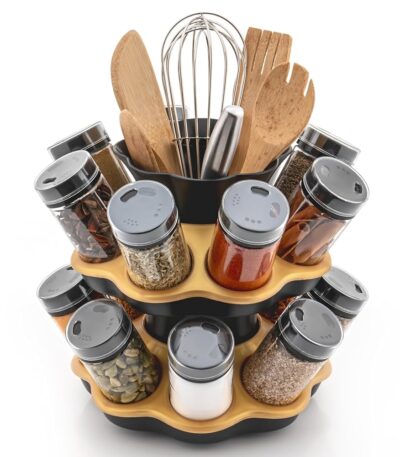 360 degree rotating spice rack with clear jars and round base design