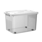Rolling plastic storage container with secure locking lid for home storage