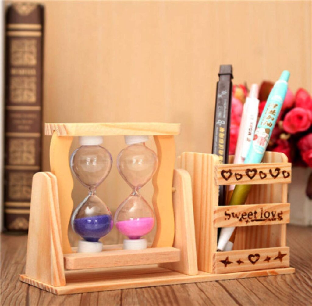 wooden dual hourglass timer pen stand for office desk organization