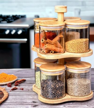 Two-tier rotating transparent glass jars for organized kitchen storage