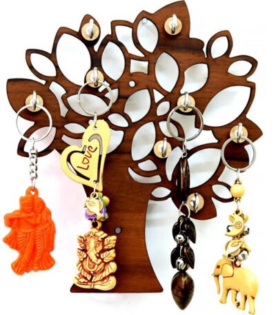 Tree design wooden wall hanging key holder with natural finish for home décor