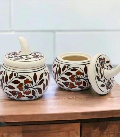 Brown floral printed ceramic jar for spices and pickles