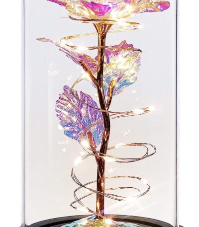 Glowing LED galaxy rose displayed inside a clear decorative dome with gold stem