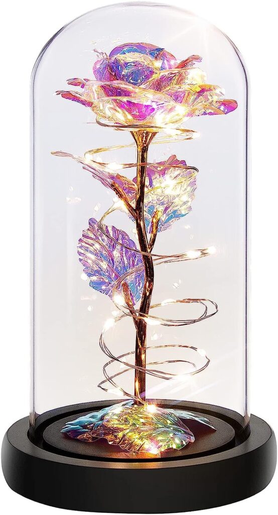 Glowing LED galaxy rose displayed inside a clear decorative dome with gold stem