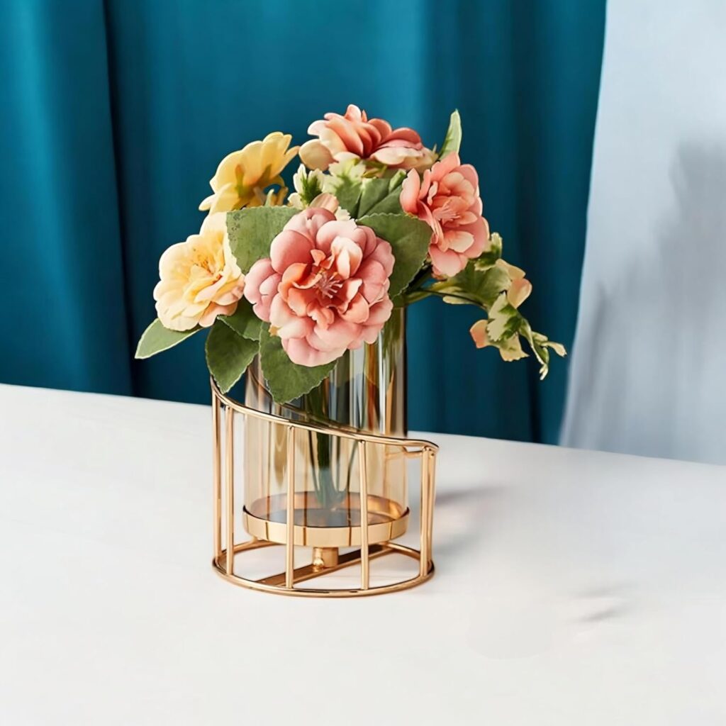 Metal gold pillar flower vase with removable glass tube for fresh flowers