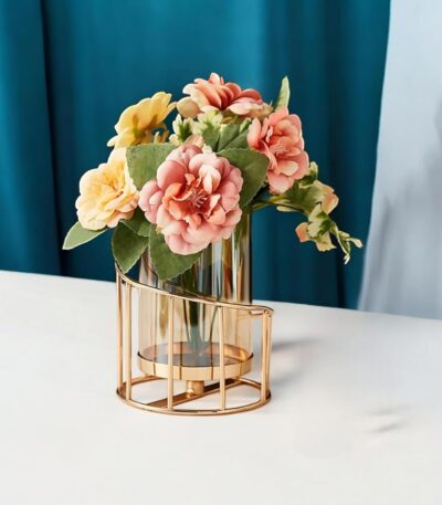 Metal gold pillar flower vase with removable glass tube for fresh flowers