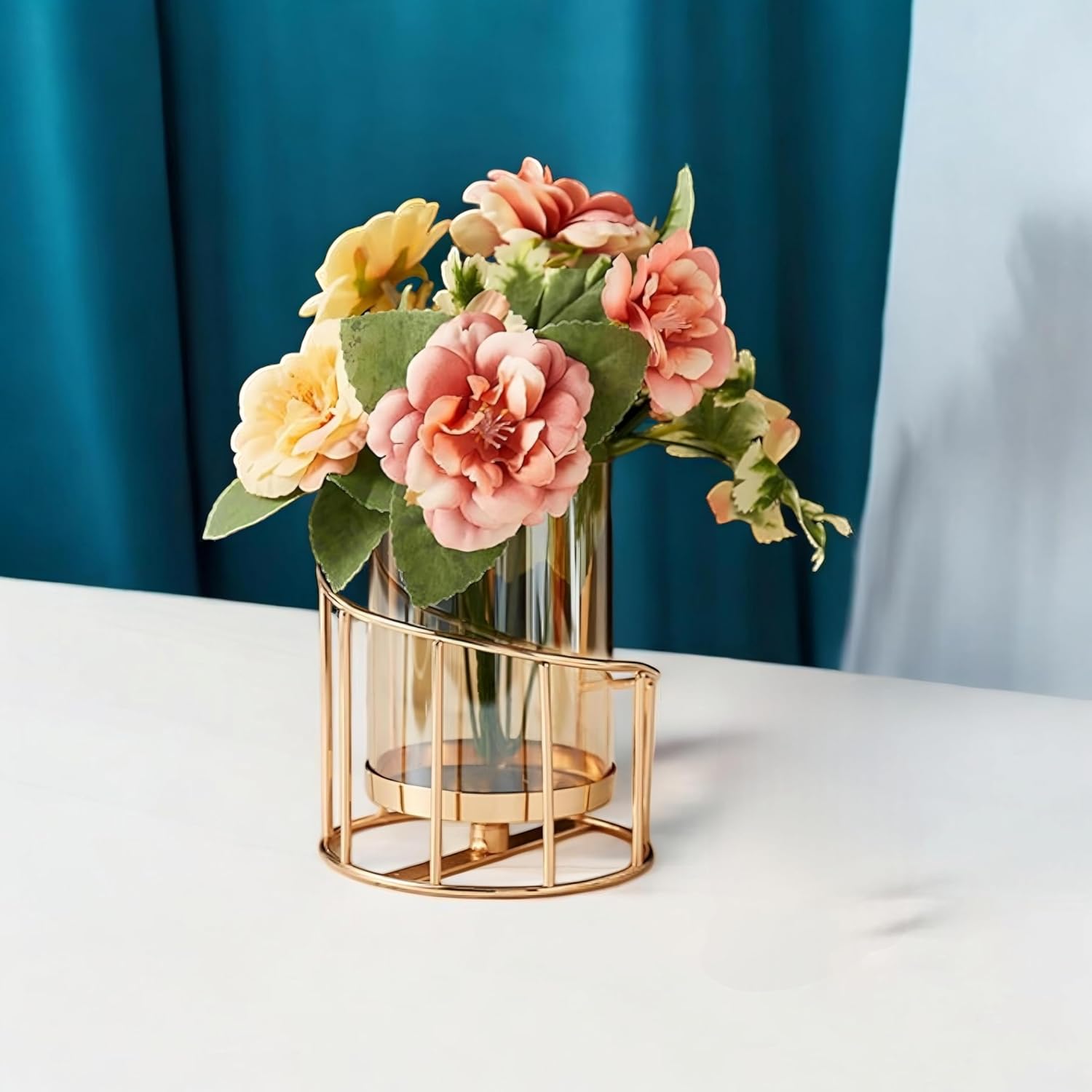 Modern Gold Pillar Vase with Glass Insert for Elegant Home Décor Metal gold pillar flower vase with removable glass tube for fresh flowers