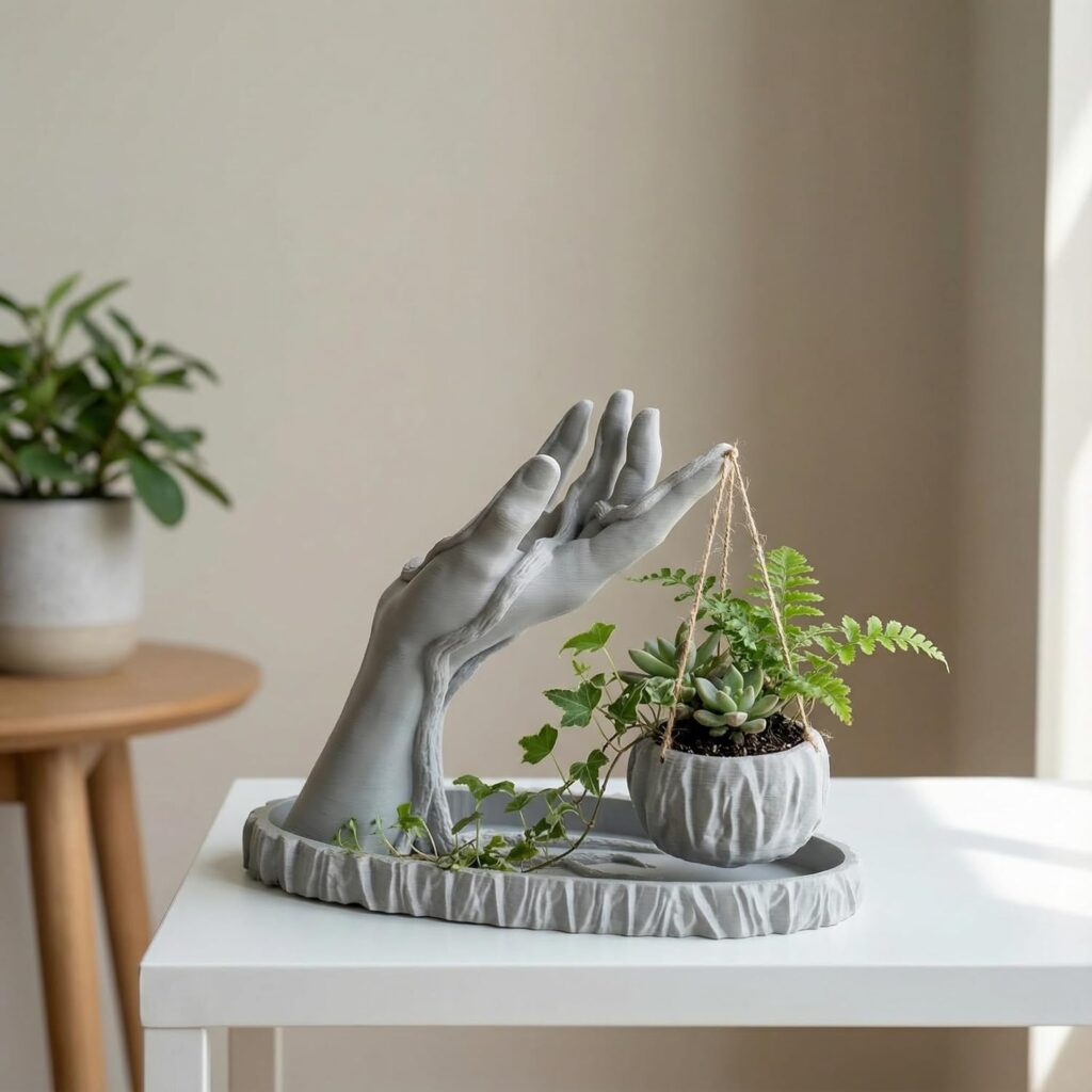 Artistic hand sculpture planter with hanging pot for indoor décor