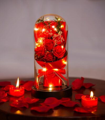 Light up forever rose in glass dome with warm LED lights