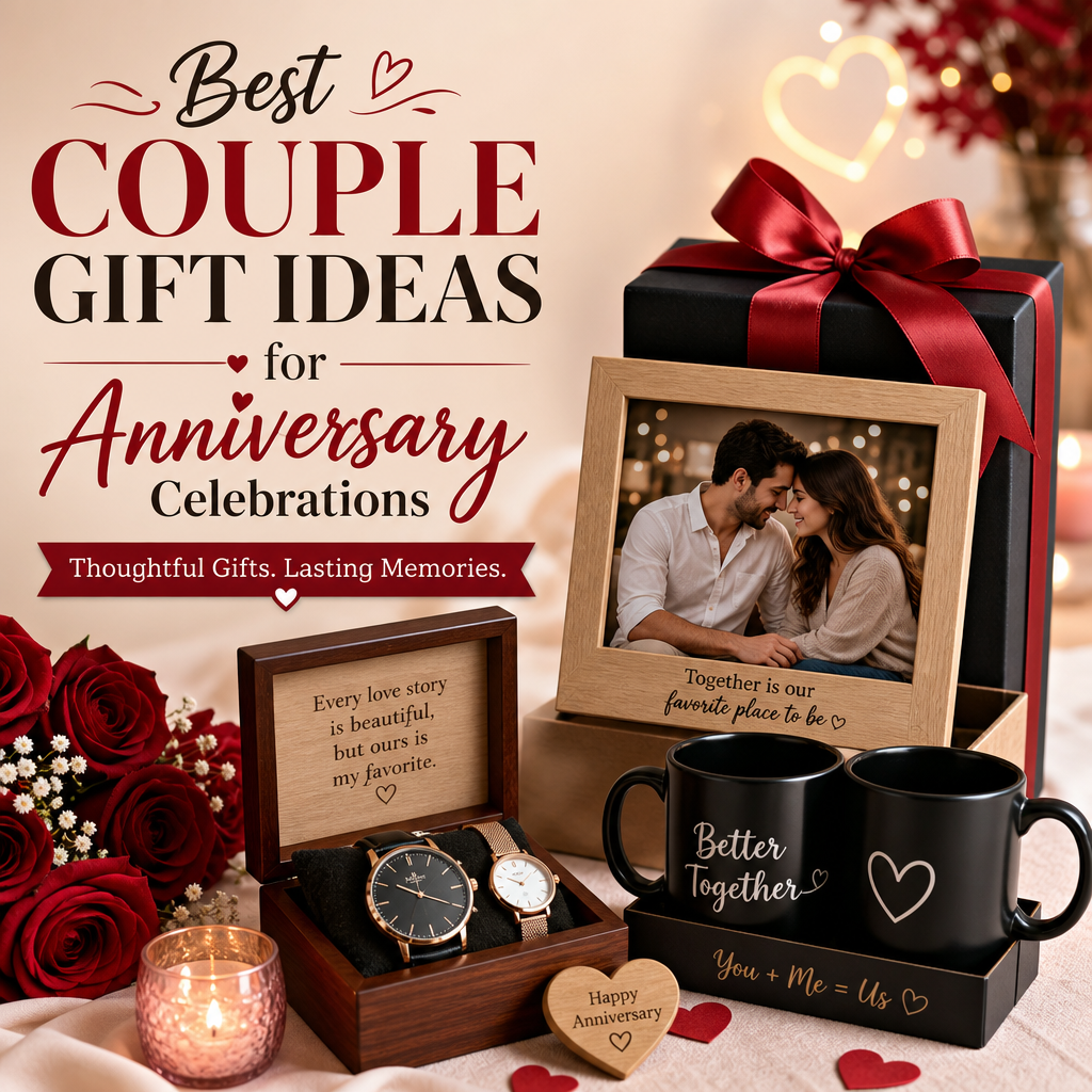 Personalized photo frame, engraved watches, and matching mugs as romantic anniversary couple gift ideas