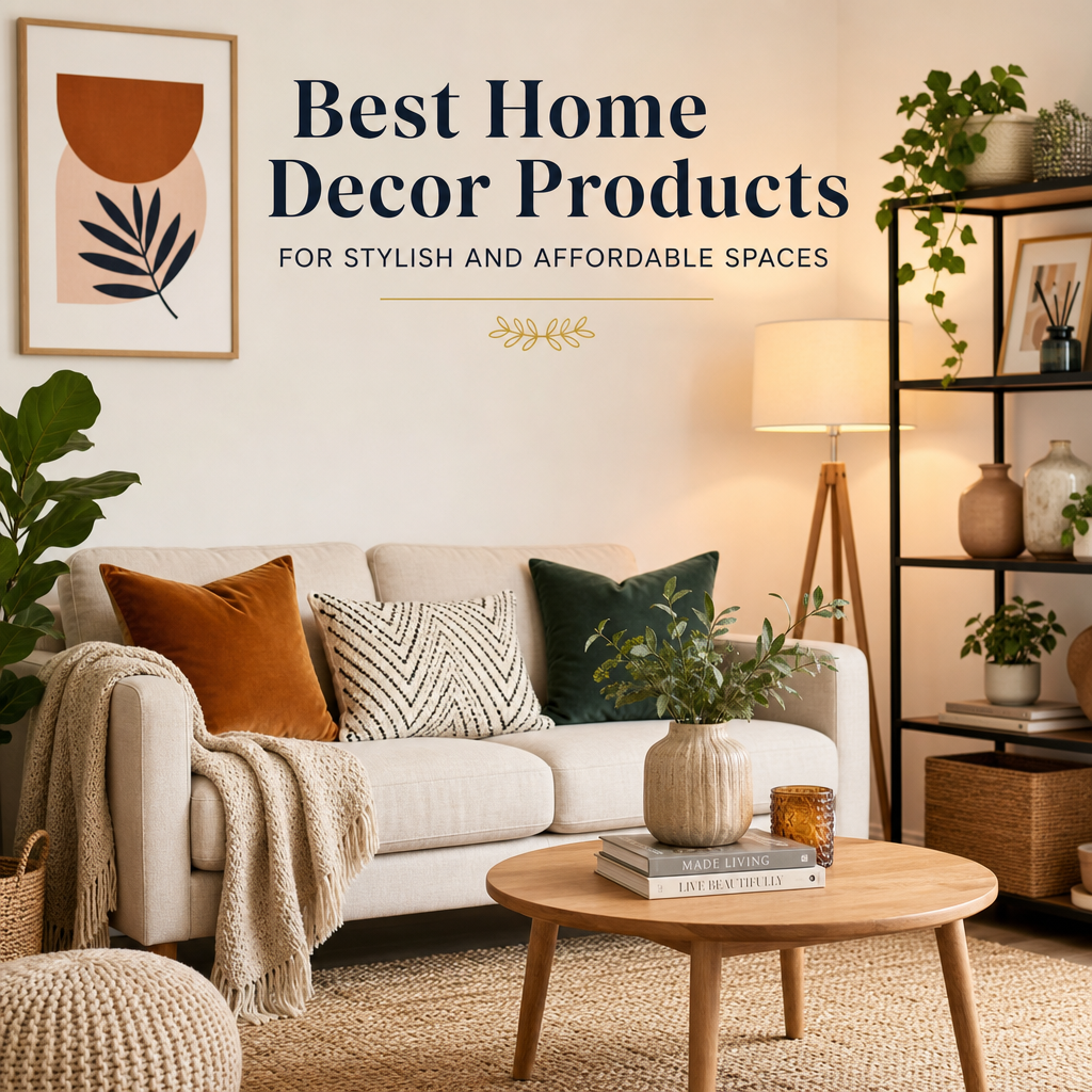 Cozy living room with stylish home decor products for an affordable, elegant space.
