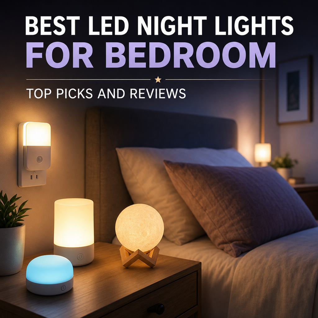 Cozy bedroom with LED night lights glowing softly on a bedside table and wall plug-in light