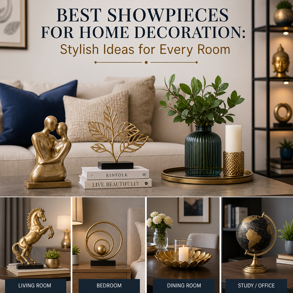 Stylish showpieces for home decoration displayed in living room, bedroom, dining room, and office spaces