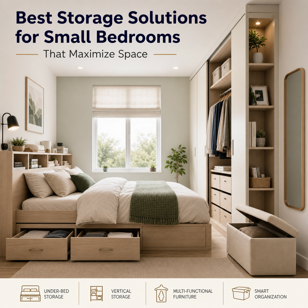 Modern small bedroom with under-bed drawers, vertical shelves, and multifunctional furniture for storage
