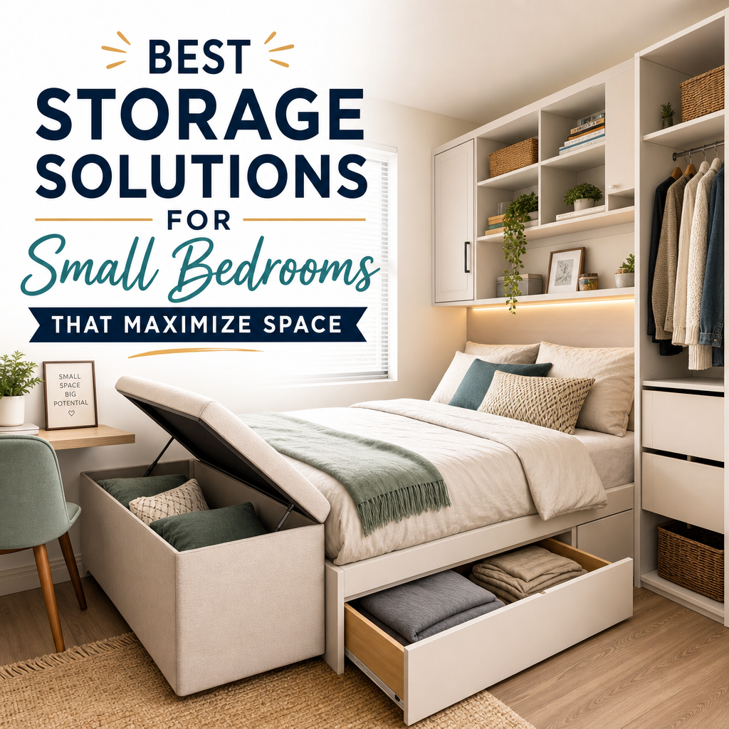 Compact bedroom with under-bed drawers and wall shelves maximizing small-space storage