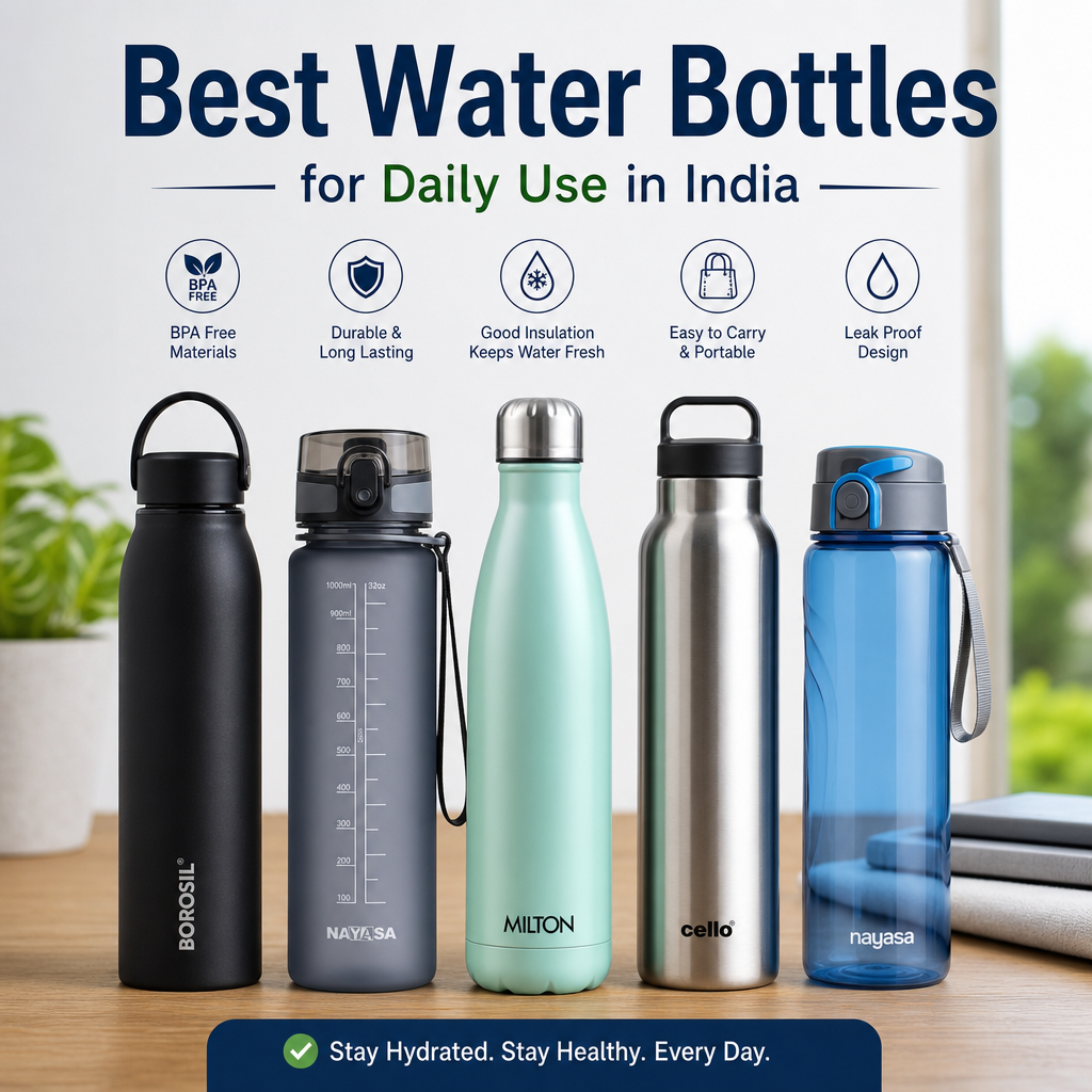 Top 5 best water bottles for daily use in India, showing BPA-free, insulated, durable, portable, leak-proof designs