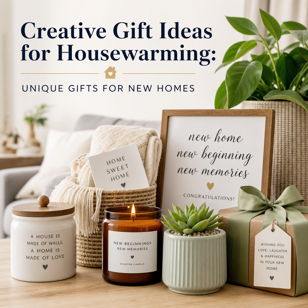 Candles, plants, and decorative signs arranged as creative housewarming gifts for new homeowners
