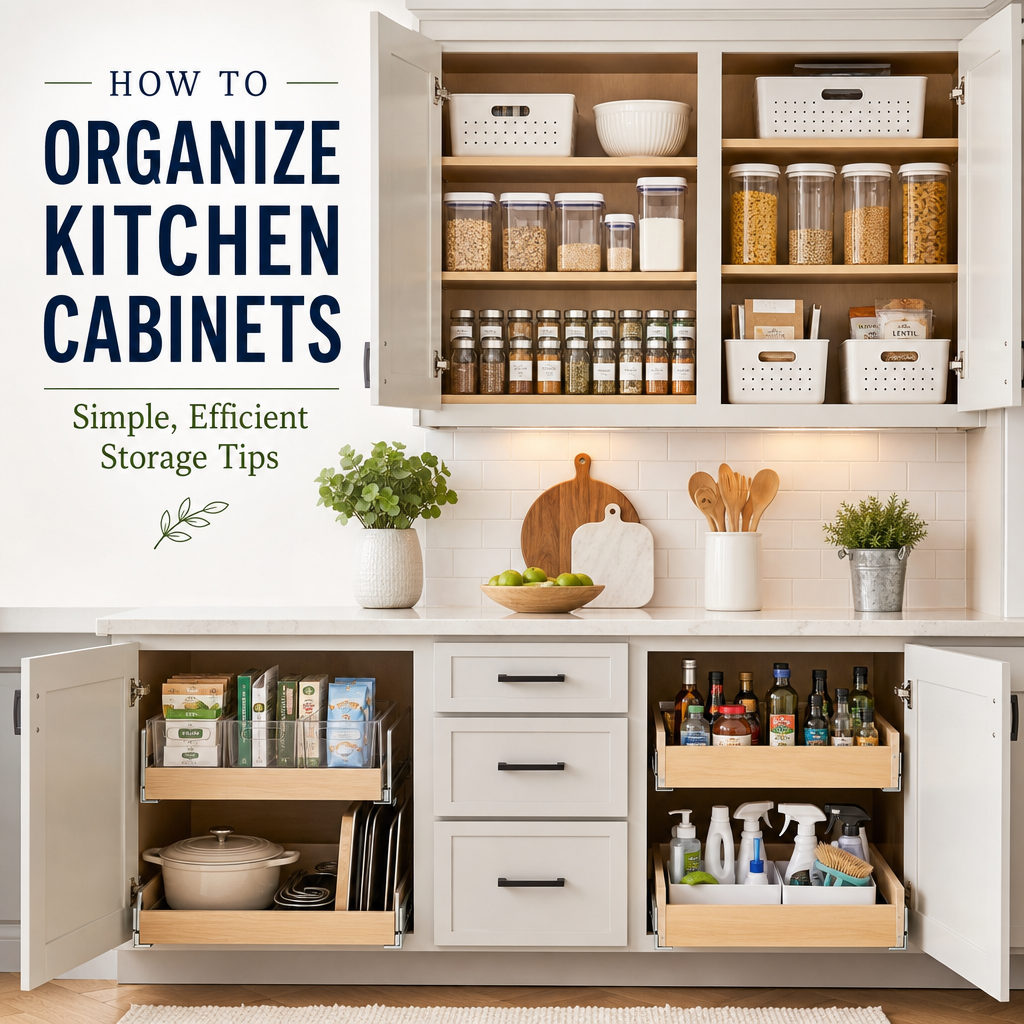 Organized kitchen cabinets with labeled jars, baskets, and tidy storage for easy access