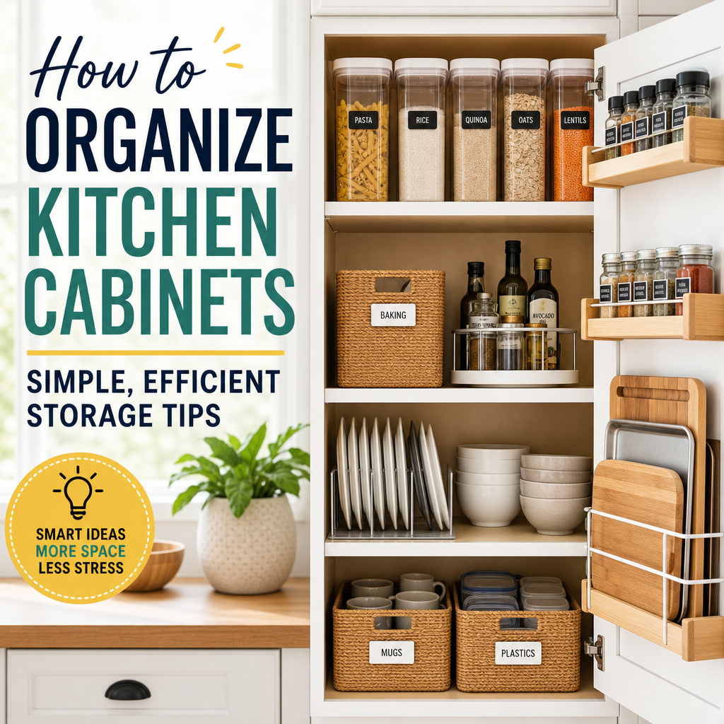 Organized kitchen cabinets with labeled containers, spice racks, and efficient storage solutions