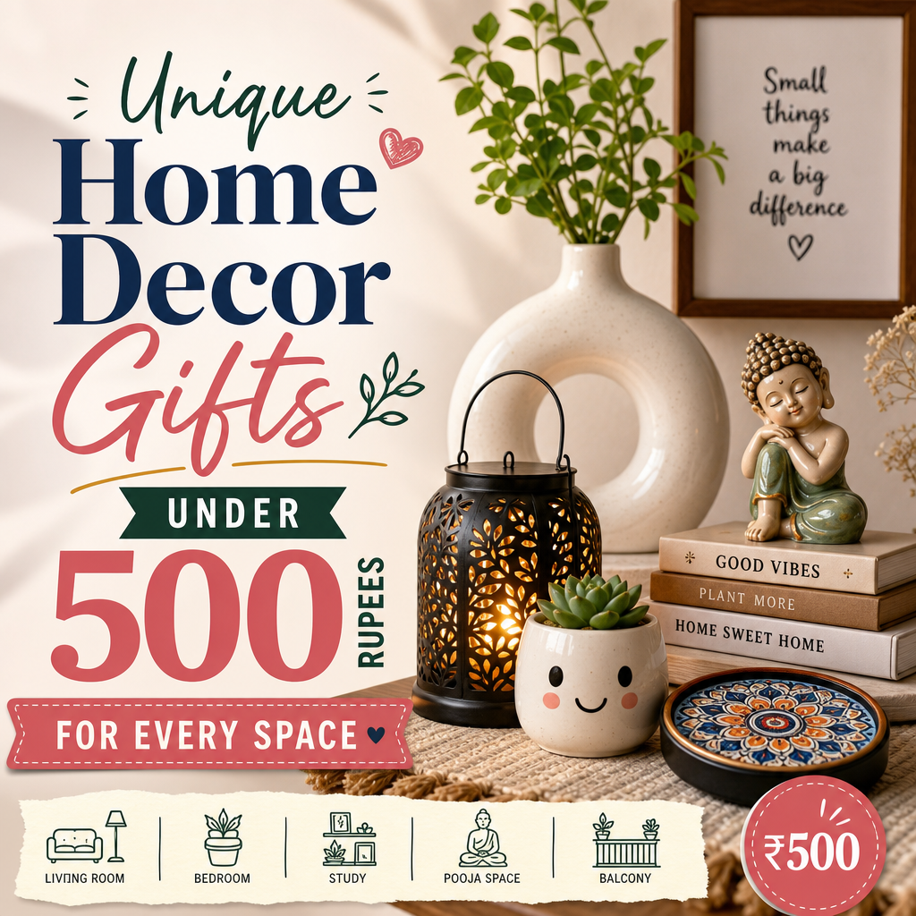 Stylish home decor gifts under 500 rupees for living room, bedroom, study, pooja space, and balcony